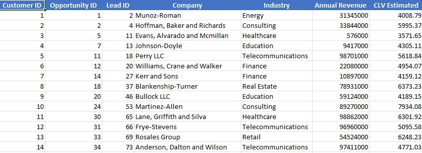 Sample of the Customers sheet
