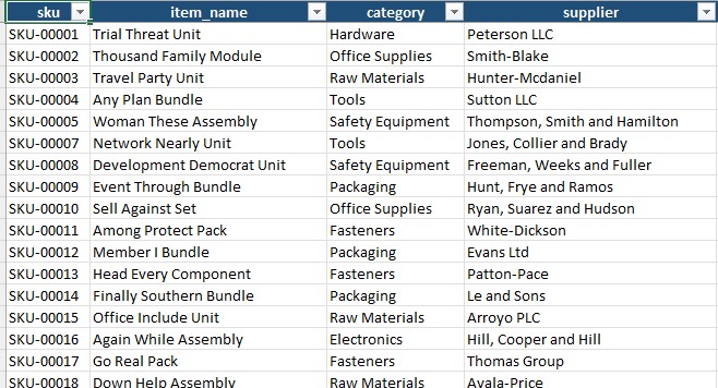 Sample of the Input Data sheet: SKU, item name, category, and supplier