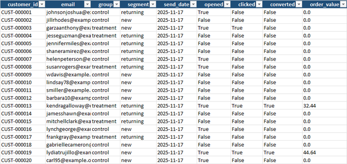 Input Data tab: one row per recipient — group, segment, send date, opened, clicked, converted, order value